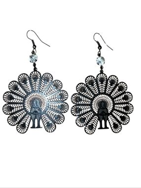 Laser Cut Black Peacock Earrings Clear Rhinestone Accents Buddha Center Zen Boho